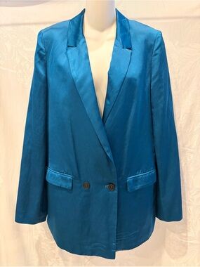 Italian GIADA-FORTE Teal Satin Double Breasted Blazer II M 6 Drycleaned FORTE
